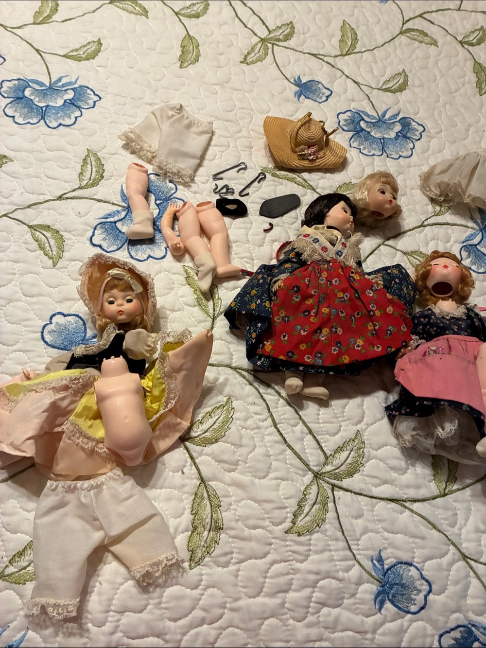 Madame AlexanderVintage Porcelain Doll Lot W/Floral Dresses - Red, Navy, Pink